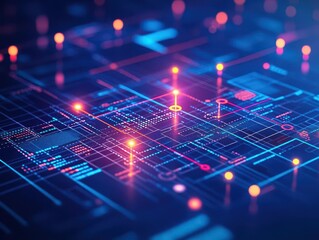 Poster - Intricate Blue and Pink Circuit Design Featuring Central Circuit Element Evoking a Sense of Technology Innovation and Modern Digital Aesthetics