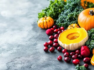 Poster - Vibrant Autumn Table Display Featuring Colorful Pumpkins Fresh Kale and Bright Cranberries Creating a Rustic and Inviting Seasonal Atmosphere