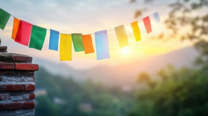Fototapete - Vibrant Colorful Flags Displayed Against a Rustic Brick Wall Creating a Lively and Festive Atmosphere Perfect for Celebrations and Events
