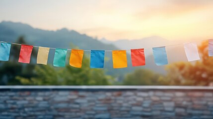 Aufkleber - Vibrant Colorful Flags Gracefully Suspended on a Clothesline Against a Clear Blue Sky Creating a Cheerful and Festive Atmosphere of Celebration