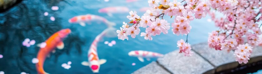 Poster - Tranquil Pond Surrounded by Delicate Cherry Blossoms with Colorful Fish Swimming Gracefully Beneath the Surface Creating a Serene Natural Setting