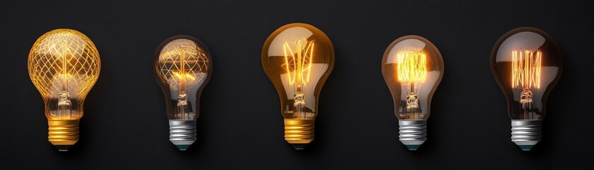 Fototapete - Illuminated Row of Vintage Light Bulbs Casting Warm Glow Against Black Background Evoking Nostalgic Ambiance and Artistic Aesthetic in Interior Design