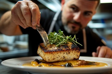 Wall Mural - Chef Presenting Exquisite Grilled Fish Dish