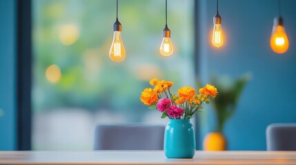 Fototapete - Charming Vase Adorned with Colorful Blossoms Surrounded by Softly Glowing Light Bulbs Creating an Inviting and Whimsical Atmosphere in a Cozy Setting