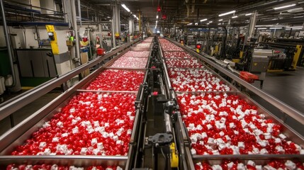 Poster - A high-tech candy factory with automated machinery sorting and packaging candies.