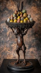 Canvas Print - Brown sculpture of a rabbit holding a basket of colorful eggs indoors