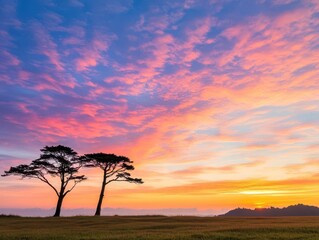 Poster - Solitary Tree Silhouetted Against a Breathtaking Sunset Over Expansive Grassy Plain Evokes Feelings of Tranquility and Natural Beauty at Dusk