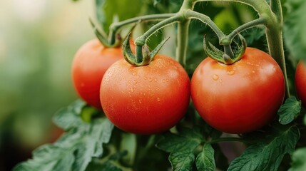 Poster - Vibrant Fresh Tomatoes Hanging on Lush Green Plant Surrounded by Healthy Foliage Showcasing Natural Growth and Bountiful Harvest in Garden Setting