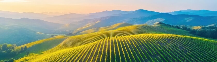 Aufkleber - Lush Vineyard Nestled Among Majestic Mountains Under Clear Blue Sky with Rows of Grapevines and Scenic Hills Creating a Picturesque Countryside View