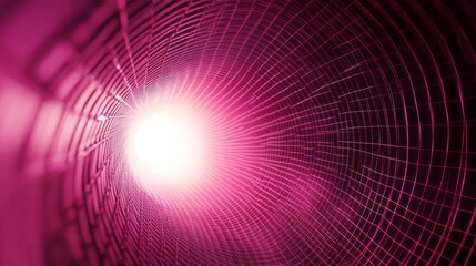 Poster - Abstract pink tunnel with light at the end, grid pattern, perspective.