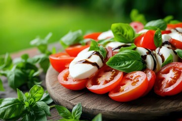 Aufkleber - Vibrant Wooden Plate Arranged with Fresh Juicy Tomatoes and Creamy Mozzarella Cheese Showcasing a Colorful and Appetizing Culinary Delight