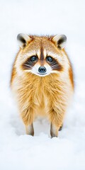 Wall Mural - Close-up of a raccoon standing in fresh snow, showcasing its fur and expression