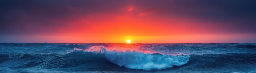 Poster - Breathtaking Sunset over Tranquil Ocean Waters with Fiery Hues Blending into Soft Pastels Creating a Peaceful and Dreamy Coastal Atmosphere