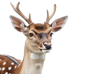 Wall Mural - Close-up of a spotted deer with antlers against a white background