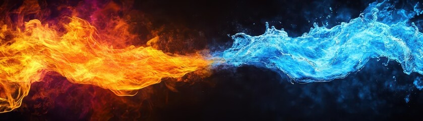 Poster - Dynamic and Vivid Clash of Fire and Water Splashes Creating a Powerful Visual Contrast Against a Dark Background Evoking Energy and Motion
