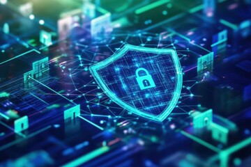 Fototapete - Vibrant Blue Shield Featuring a Secure Lock Symbolizing Protection Safety and Security in a Modern Digital Age Evoking Trust and Reliability