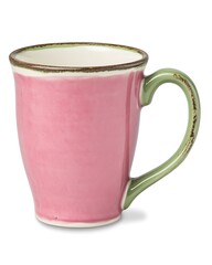 Canvas Print - Colorful ceramic mug with a pink exterior and green handle on display