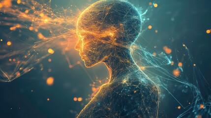 Poster - Abstract digital art of a woman's head and shoulders, glowing with energy and light.
