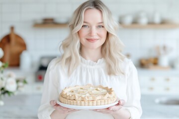 trad wife concept beautiful blond woman holding a freshly baked apple pie, she is standing behind a moder kitchen island with modern kitchen in background