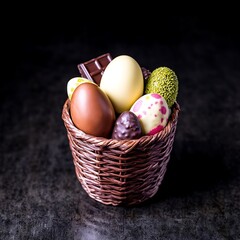 Wall Mural - Colorful Easter eggs and chocolate in a woven basket on dark surface