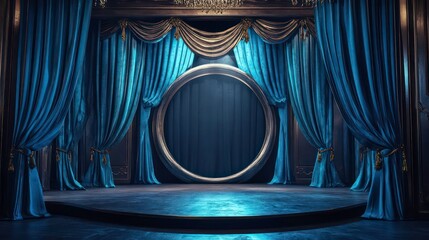 Poster - Elegant stage with blue velvet curtains and circular frame.