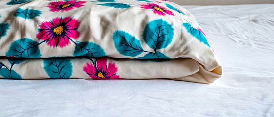 Canvas Print - Colorful floral patterned pillow on a neatly arranged bed setting