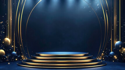 Poster - Elegant blue and gold podium with lighting and decorative spheres.