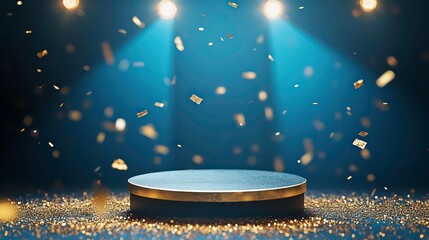 Poster - Dark blue round pedestal with golden confetti falling under spotlights.