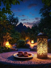 Wall Mural - Scenic nighttime image featuring a table set for two on top of a mountain under the stars, with warm candlelight illuminating the plate of desserts and candle lantern.