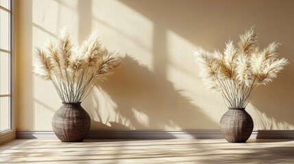 Poster - Sunlit room with pampas grass in vases.