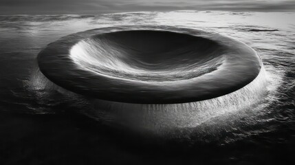 Aufkleber - Monochromatic aerial view of a large, disc-shaped object hovering above water, with water cascading from its edges.