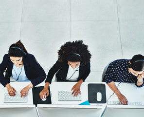 Poster - Above, telemarketing and women in office, pc and call center with friendly service. Business people, sales consultant or employees in workplace, computer and contact us with crm and customer support
