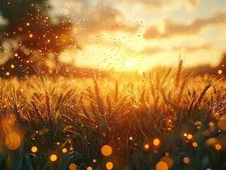 Wall Mural - Cinematic Wheat Field at Twilight with Swaying Stalks and Glowing Fireflies