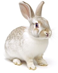 Poster - Cute fluffy rabbit sitting gracefully on a white background, showcasing its features