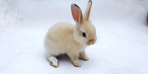 Canvas Print - Cute fluffy rabbit sitting on a white background, showcasing its fur