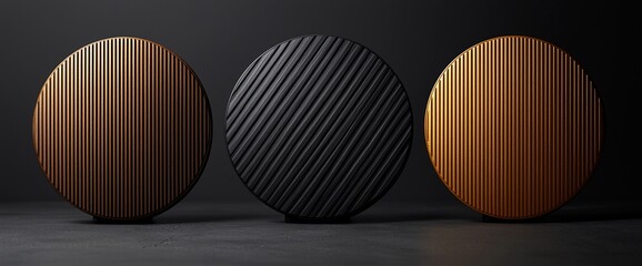 Poster - Three textured circles in bronze, black, and gold, on a dark background.