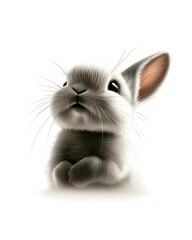 Canvas Print - Cute gray rabbit with expressive eyes and fluffy fur looking up