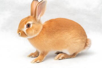 Wall Mural - Cute orange rabbit sitting on a soft surface, showcasing its fur texture