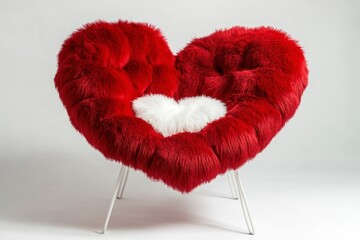 Sticker - A plush red heart-shaped chair with white legs, adorned with soft fur and featuring an oversized cushion in the center of its backrest, creating a romantic atmosphere for Valentine's Day.