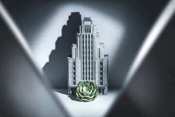 Aufkleber - A miniature art deco building model stands beside a succulent plant, creating a striking contrast of architectural form and organic life.