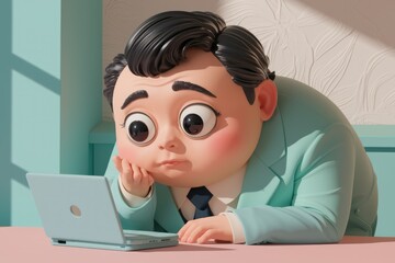 Poster - A cute cartoon businessman looks thoughtfully at his laptop, pondering a business problem or project.