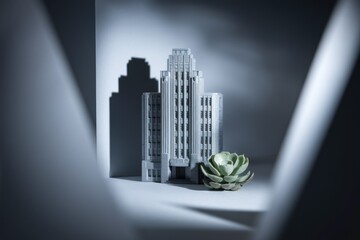 Aufkleber - A miniature Art Deco building model sits beside a succulent, dramatically lit, showcasing architectural detail and minimalist design.
