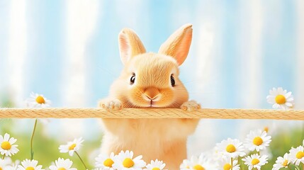 Wall Mural - Cute rabbit holding a rope in a field of daisies under a bright sky