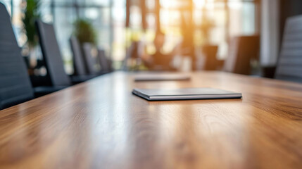 Canvas Print - close up shot of wooden desk in modern office meeting room, featuring blurred backgrounds of people engaged in discussion. warm sunlight creates welcoming atmosphere