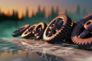 Aufkleber - Rustic metallic gears lie on a reflective surface, bathed in sunset's warm glow.
