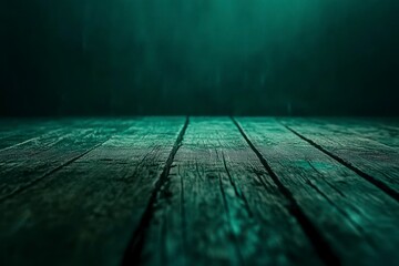 Wall Mural - Dark green background with a wooden floor, dark blue lighting, low-angle shot, close-up, hyper-realistic.