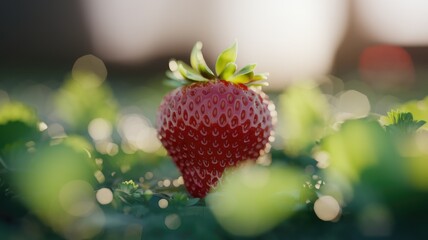 Poster - A single, ripe strawberry sits amongst lush green foliage, bathed in soft sunlight.