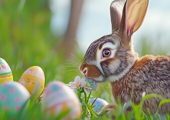 Poster - Cute rabbit sniffing a flower near colorful Easter eggs in grass