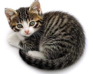 Canvas Print - Cute striped kitten curled up on a white background, looking curious