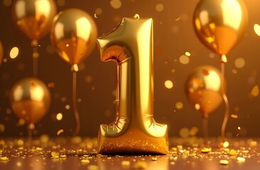 Golden balloons in the shape of the number 1 on a festive golden background